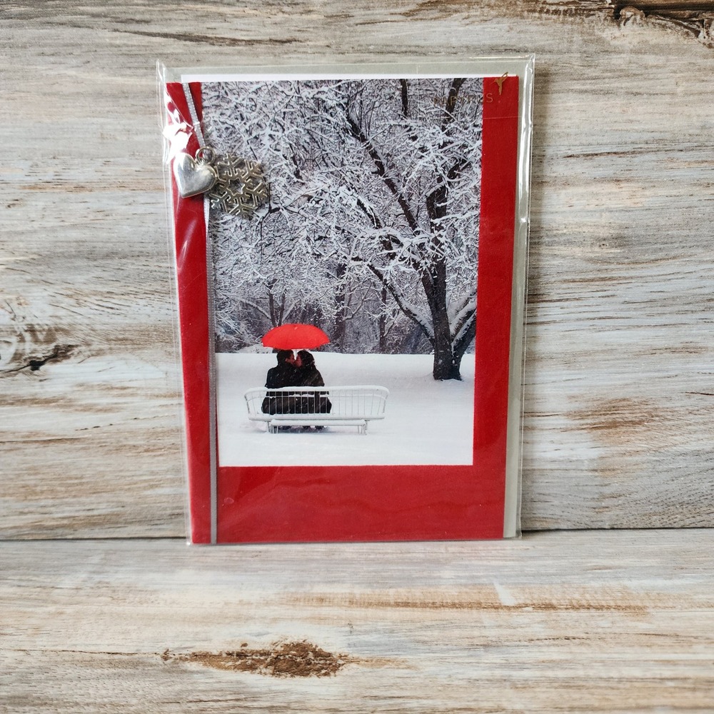 Papyrus Christmas Card Couple Red Umbrella Snow Scene with Heart Snowflake Charm